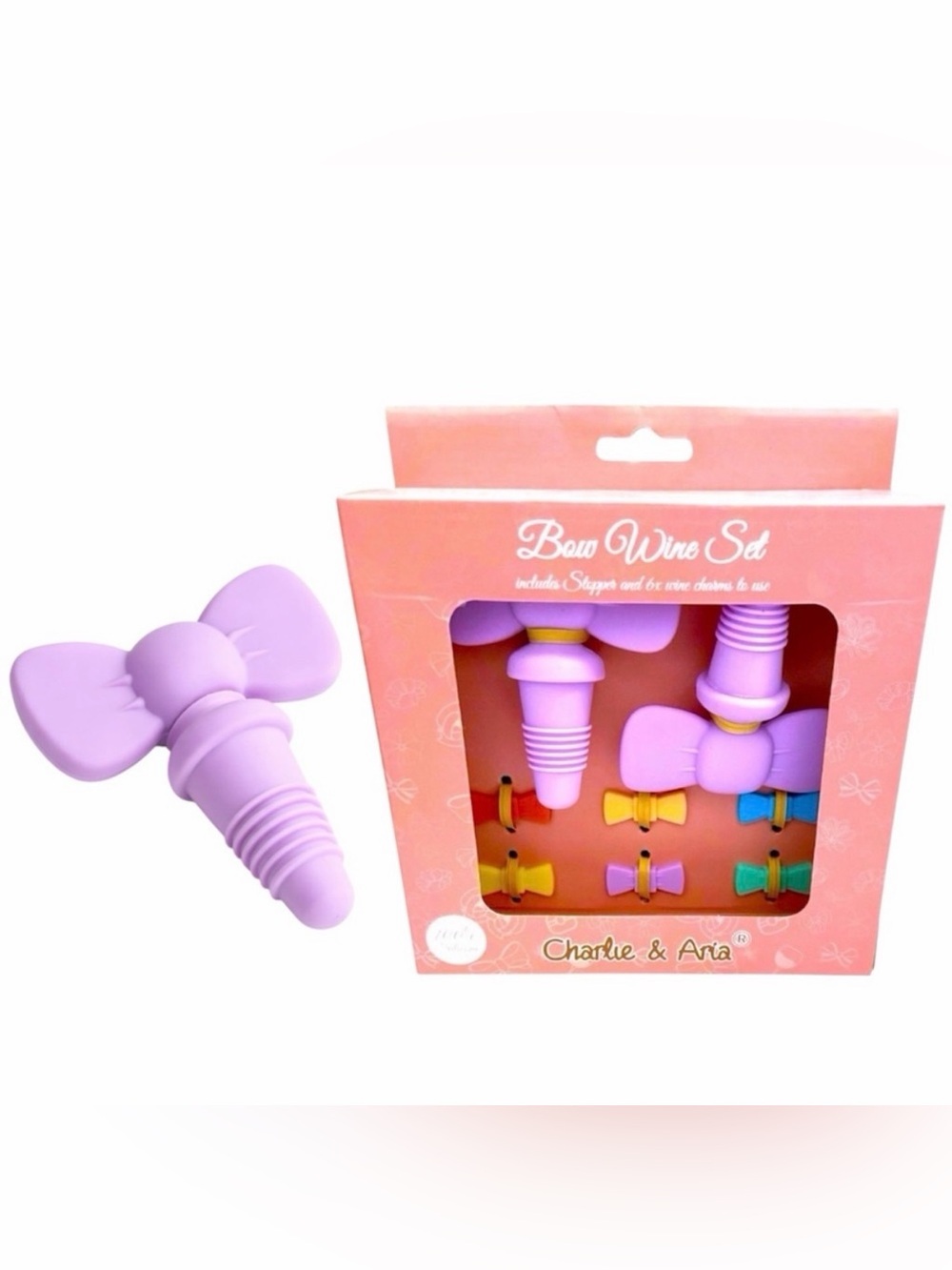 Wine Stopper Gift Set 2 Bottle Stoppers & 6 Bow Wine Glass Charms Hostess Gift